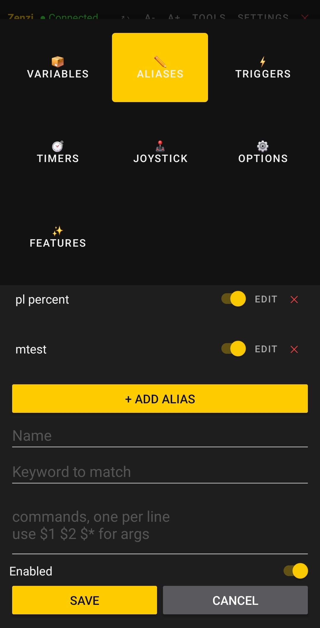 Aliases tab showing saved aliases and create form