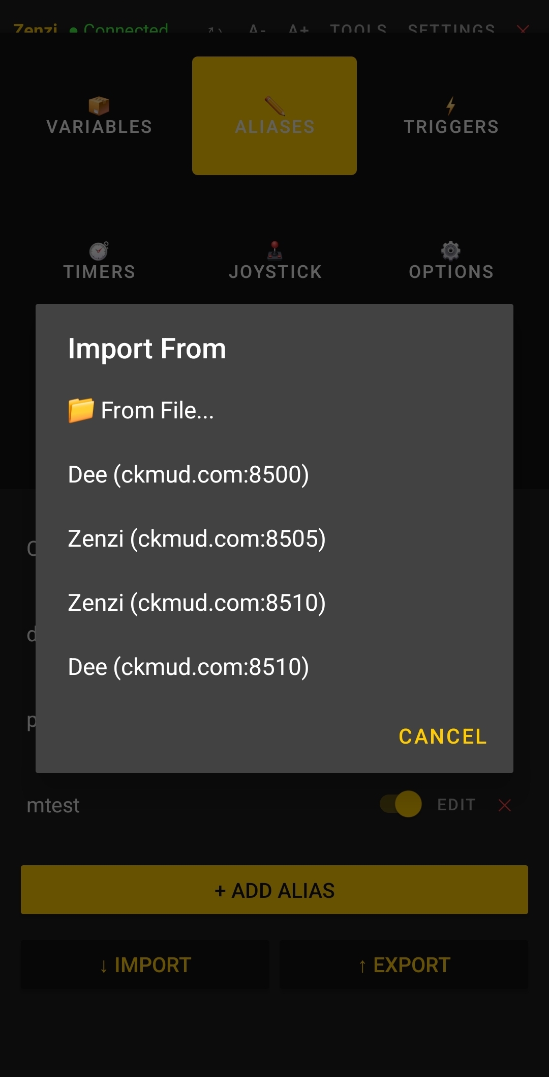 Import From dialog showing file and character options