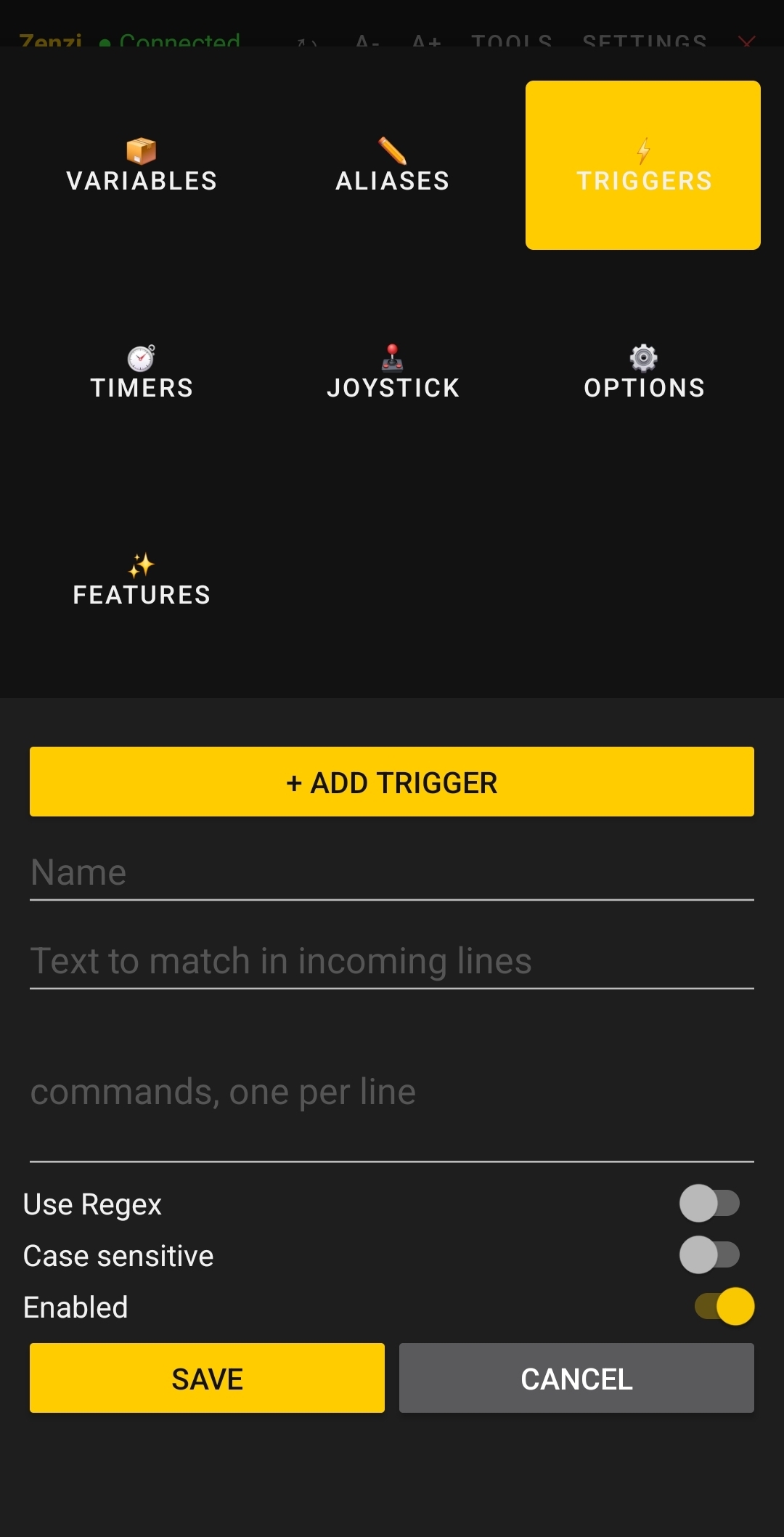 Triggers tab showing create form with regex options