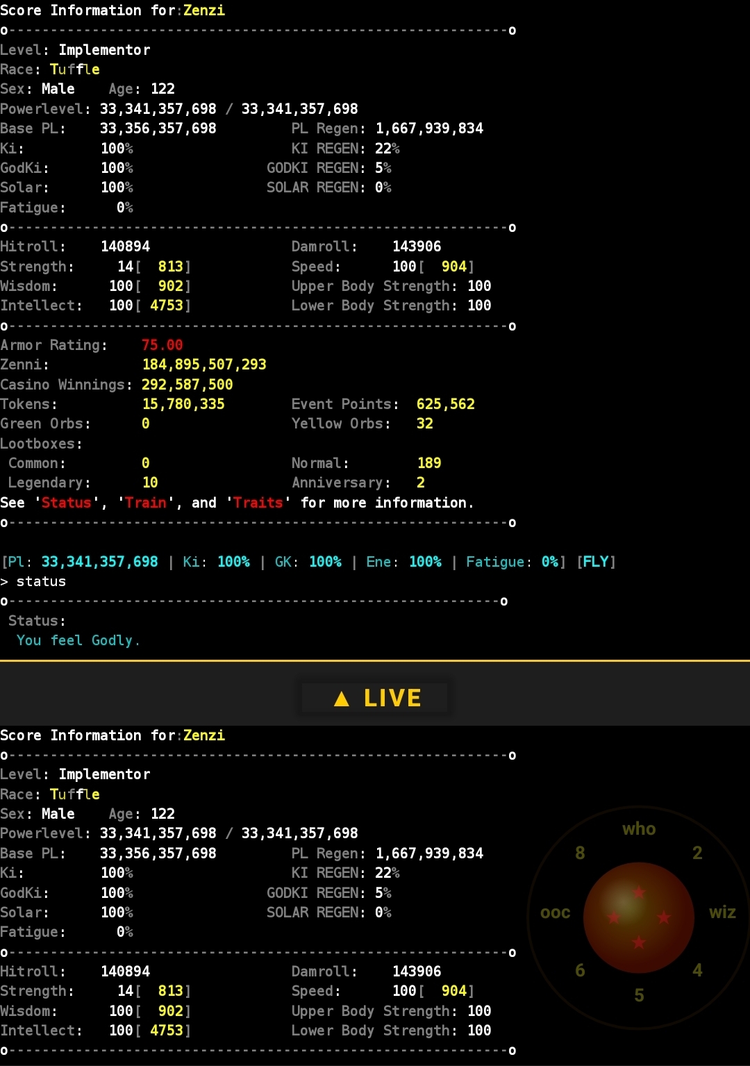 Terminal in split mode showing history above and live tail below